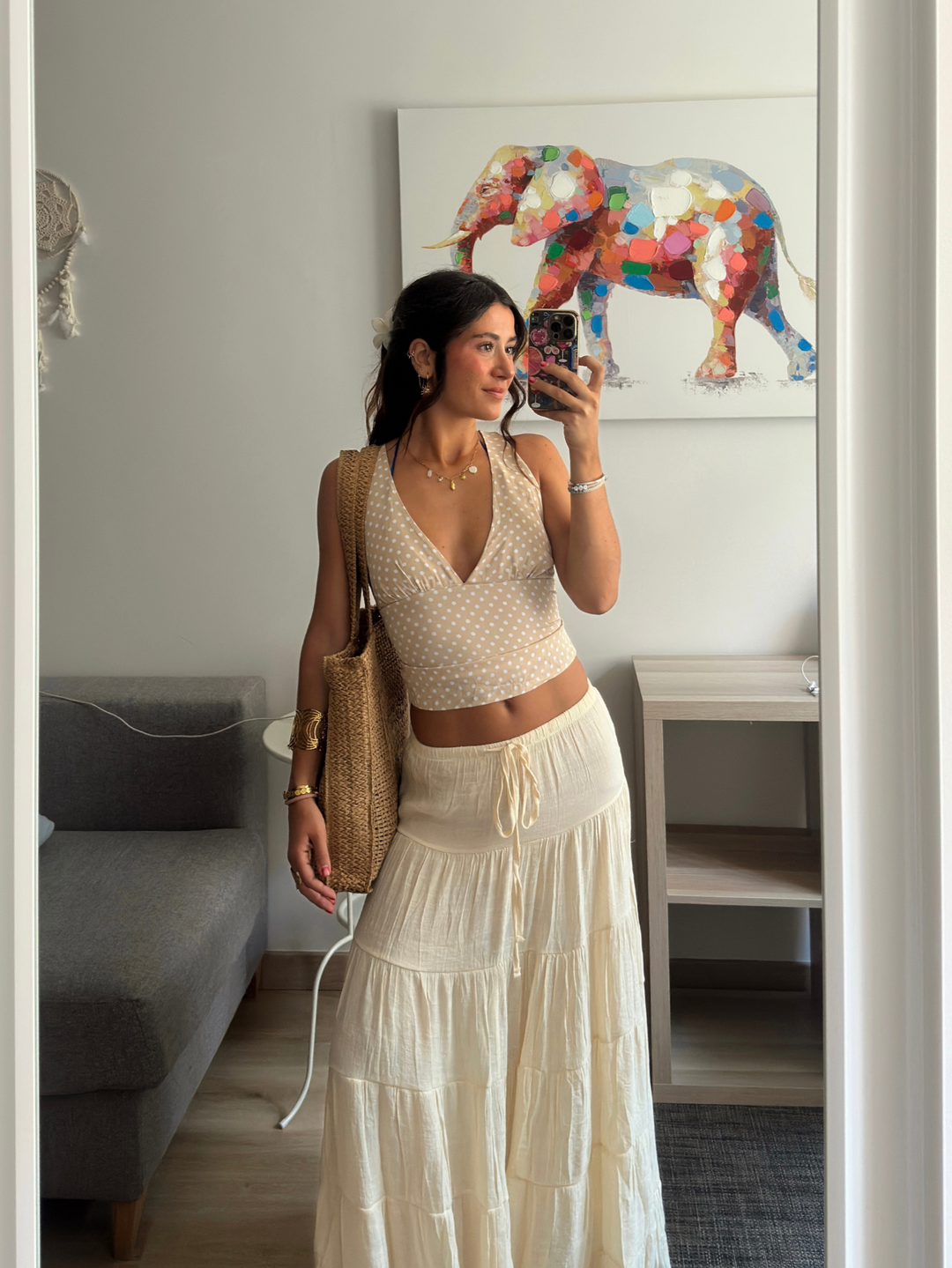 Vida polkaprikket top - Beige