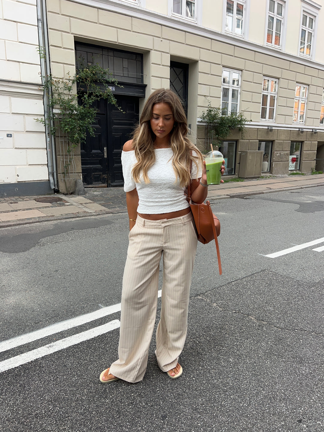 Valentina stribet suit pants - Cremehvid/Grå