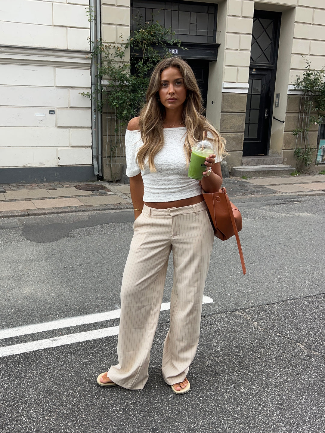 Valentina stribet suit pants - Cremehvid/Grå