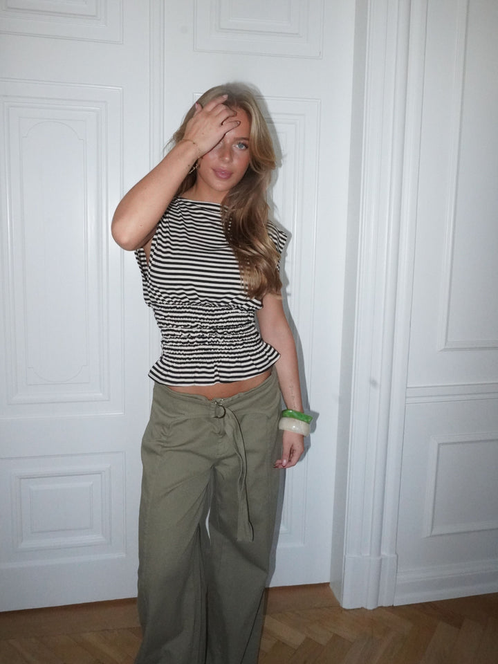 Bianca stribet smock top - Brun/hvid