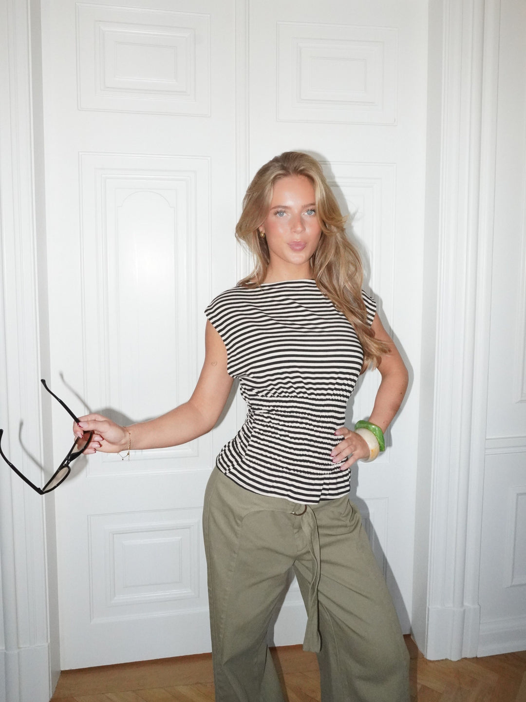 Bianca stribet smock top - Brun/hvid