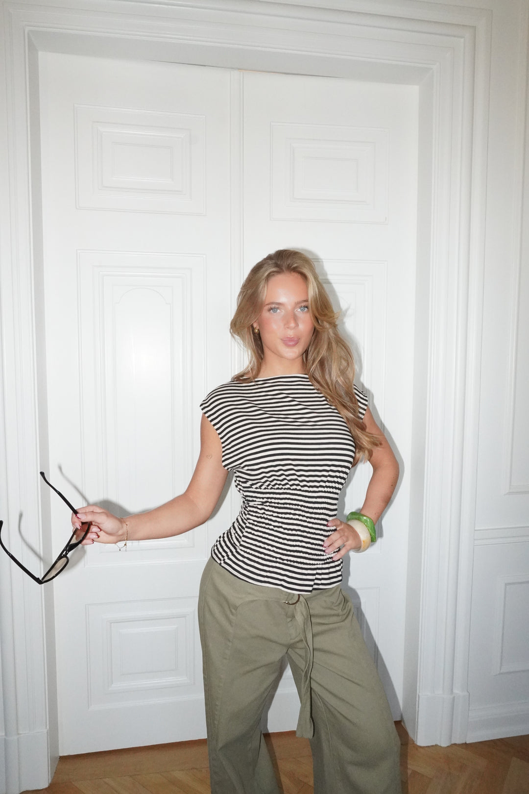 Bianca stribet smock top - Brun/hvid