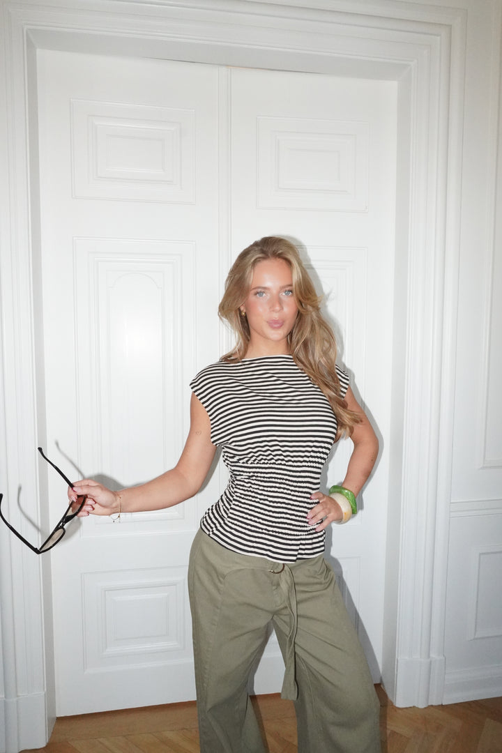 Bianca stribet smock top - Brun/hvid