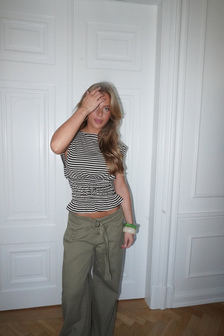 Bianca stribet smock top - Brun/hvid