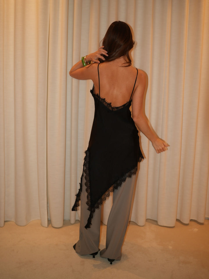 Ester satin lace kjole - Sort