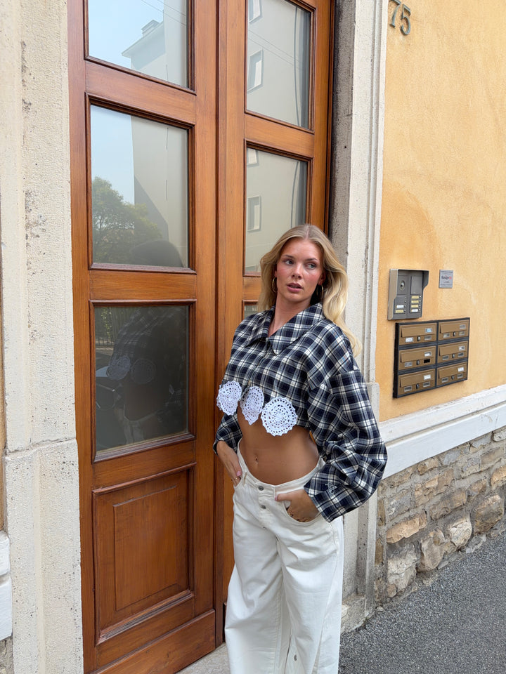 Cleo cropped hæklede ternet blazer - Mørkeblå