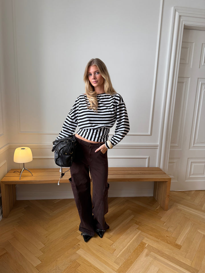 Ida fitted stribet langærmet top - Sort/Hvid