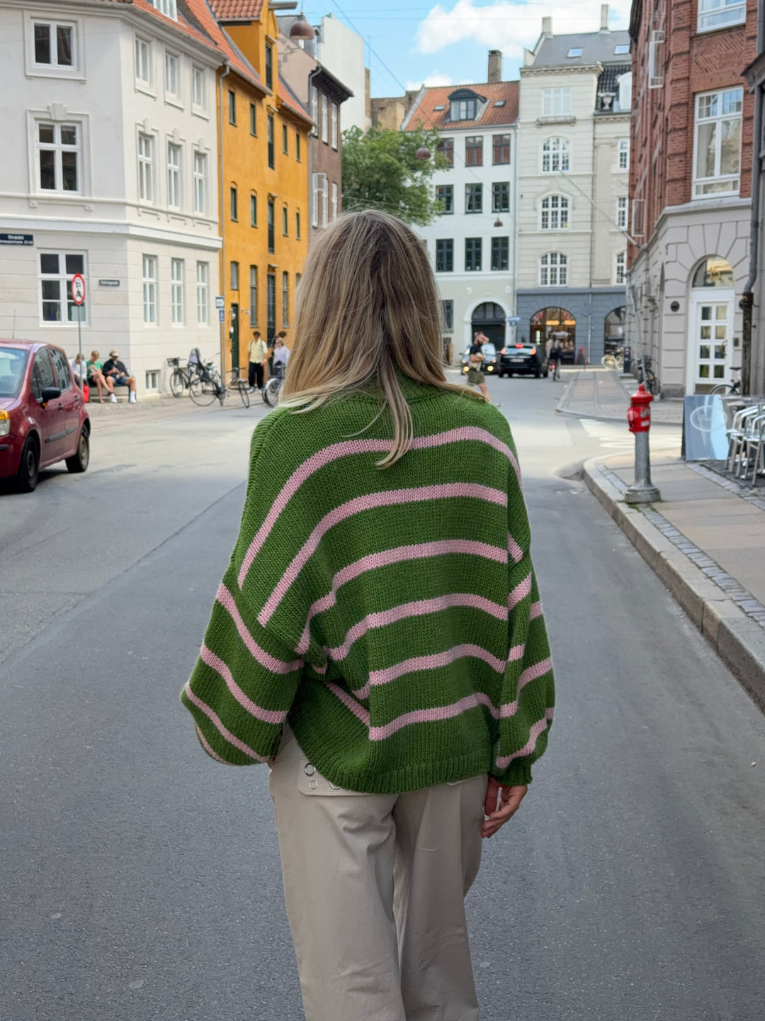 Embla stribet high neck striktrøje - Rosa/Grøn