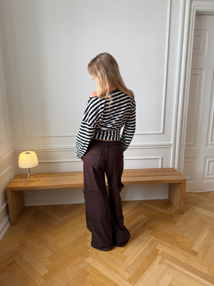 Ida fitted stribet langærmet top - Sort/Hvid