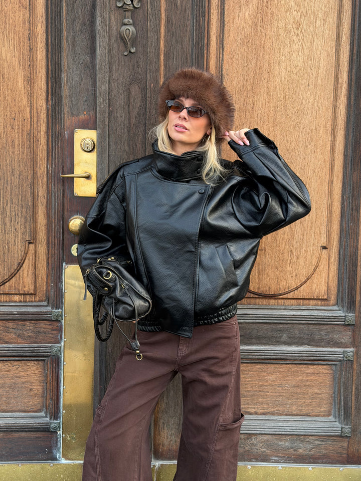 Linea pu high neck jakke - Sort