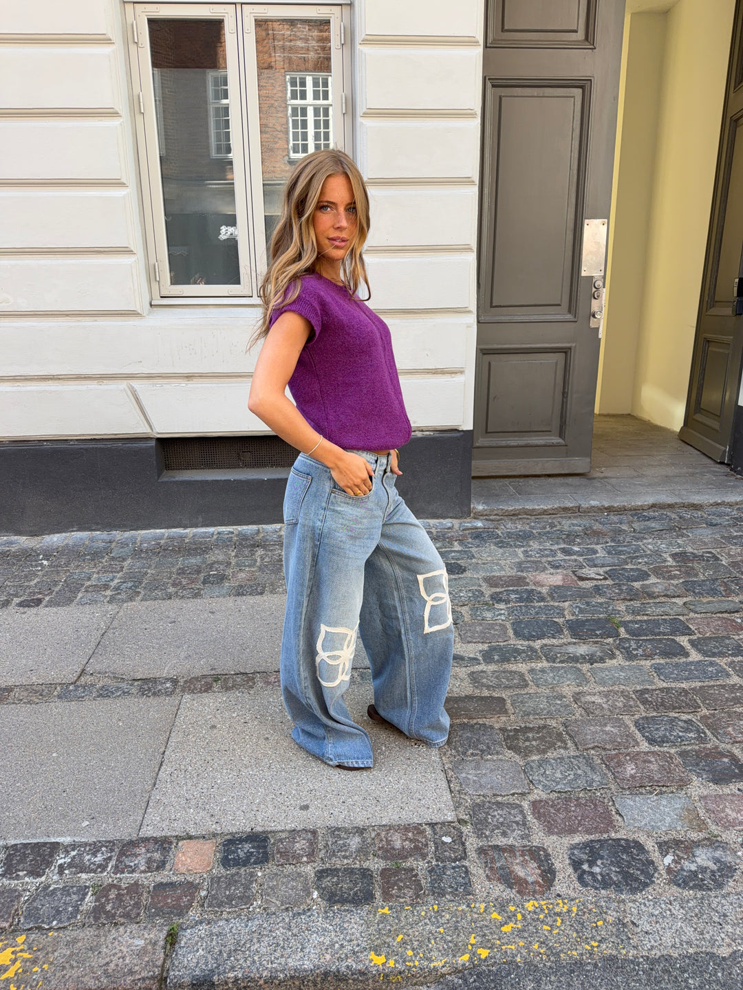 Kira knæ detalje baggy denim jeans - Medium blå