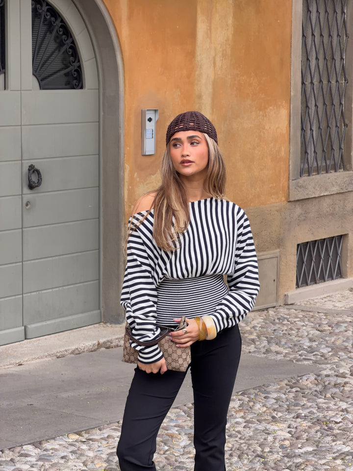 Kamma stribet fitted strik - Navy/Hvid