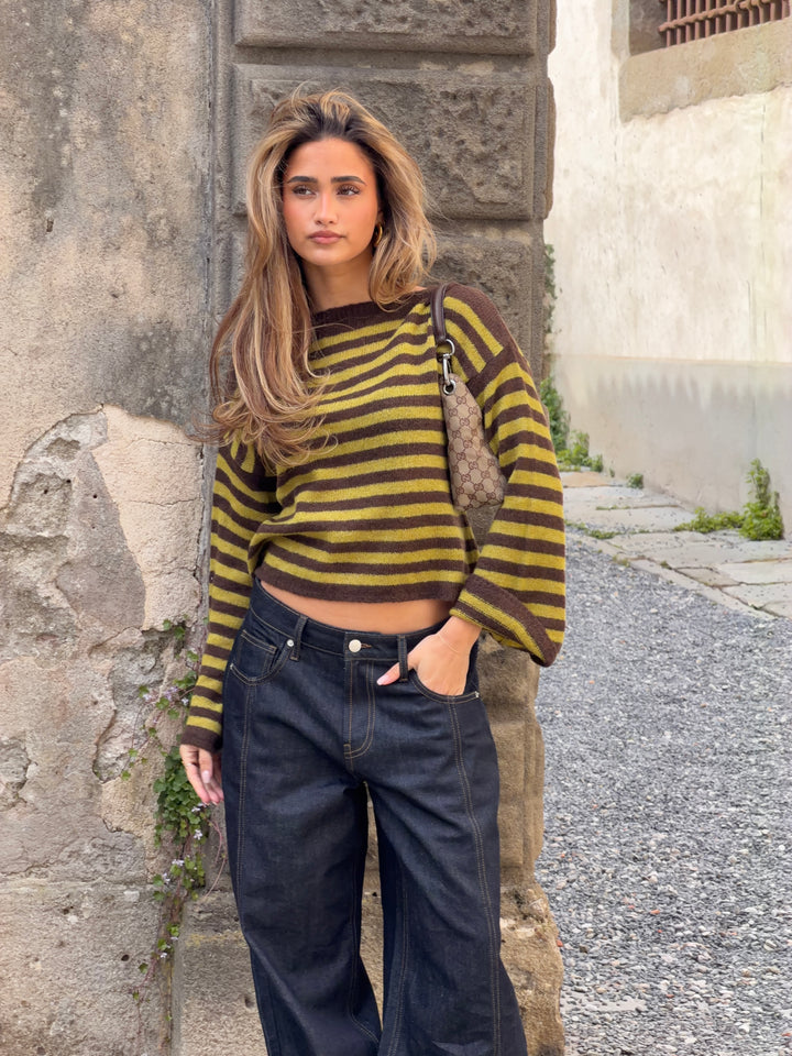 Oline stribet boat neck striktrøje - Brun/Grøn