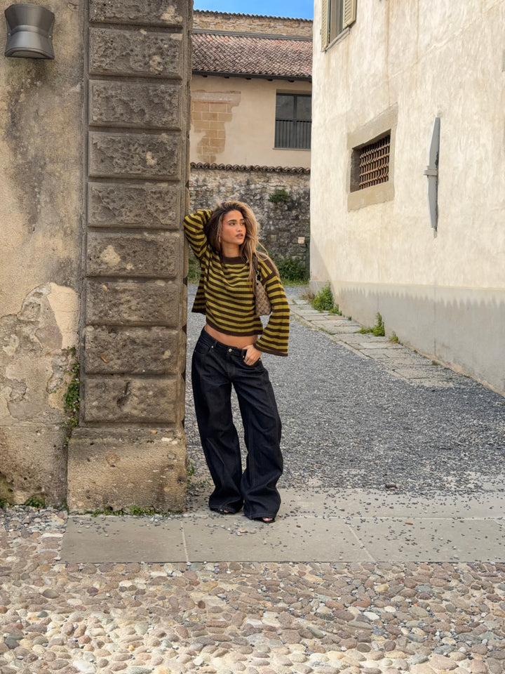 Oline stribet boat neck striktrøje - Brun/Grøn