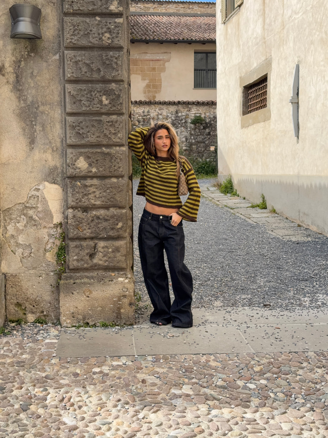 Oline stribet boat neck striktrøje - Brun/Grøn