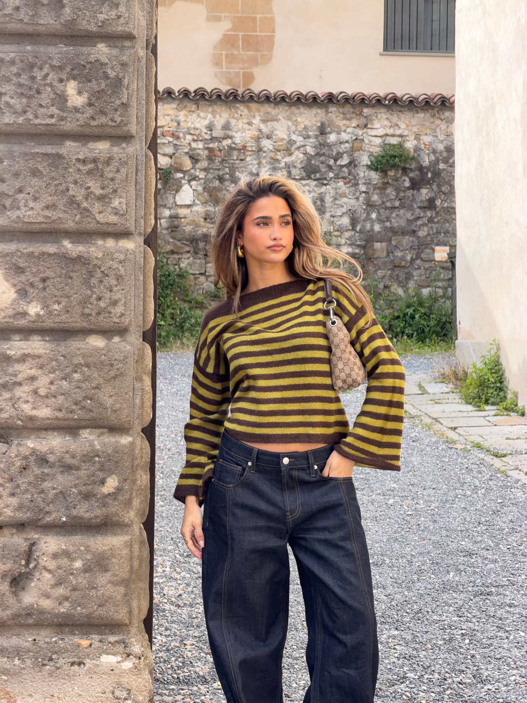 Oline stribet boat neck striktrøje - Brun/Grøn