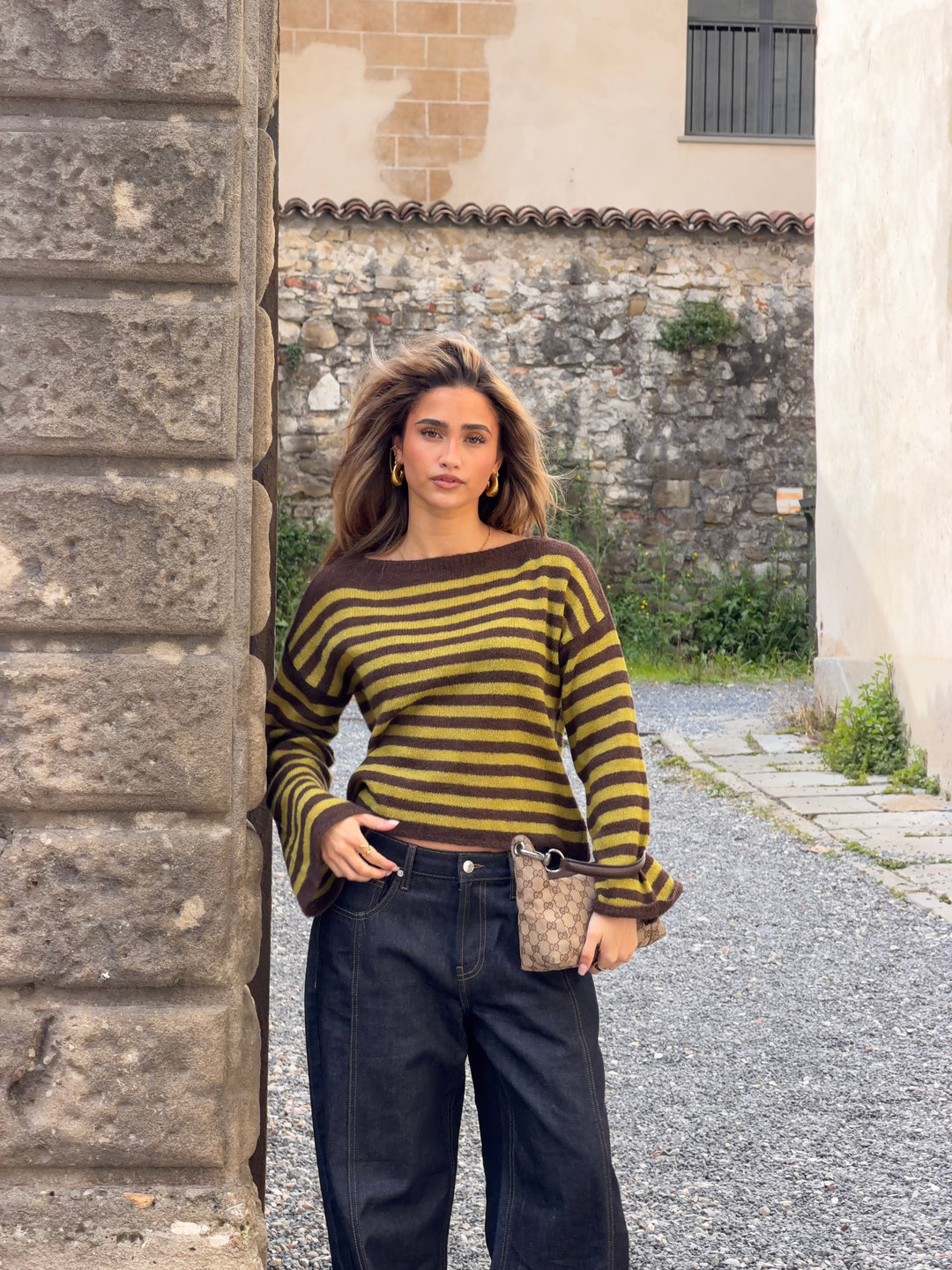 Oline stribet boat neck striktrøje - Brun/Grøn