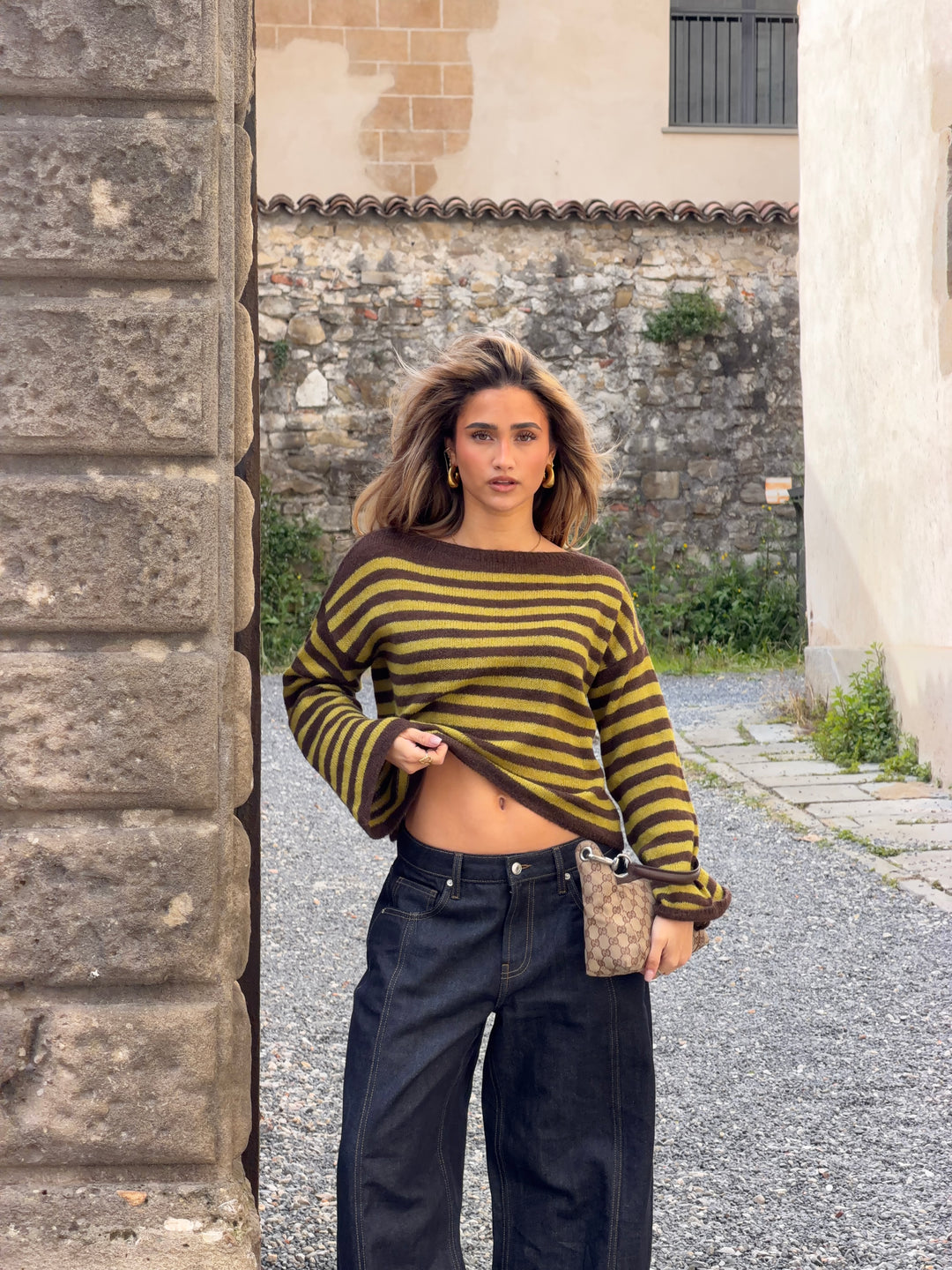 Oline stribet boat neck striktrøje - Brun/Grøn