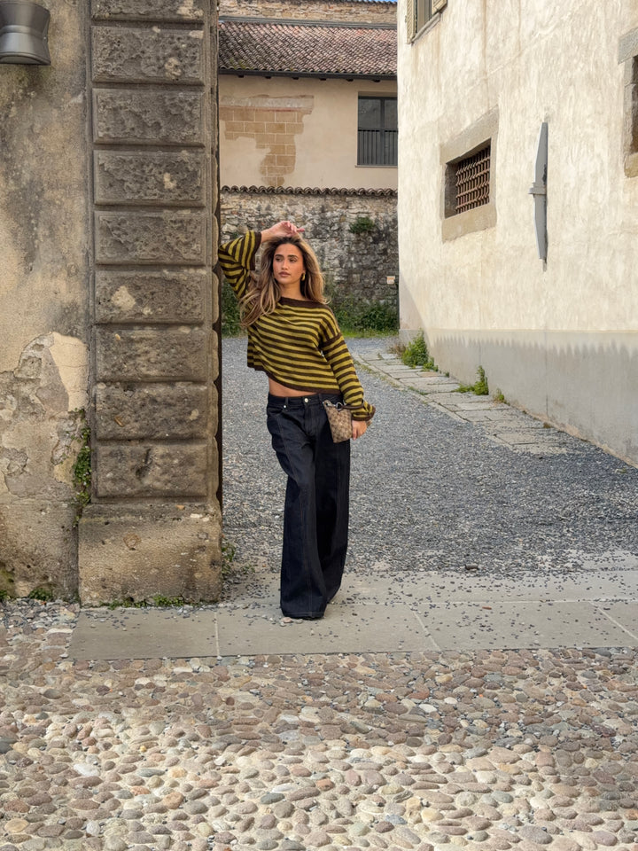 Oline stribet boat neck striktrøje - Brun/Grøn