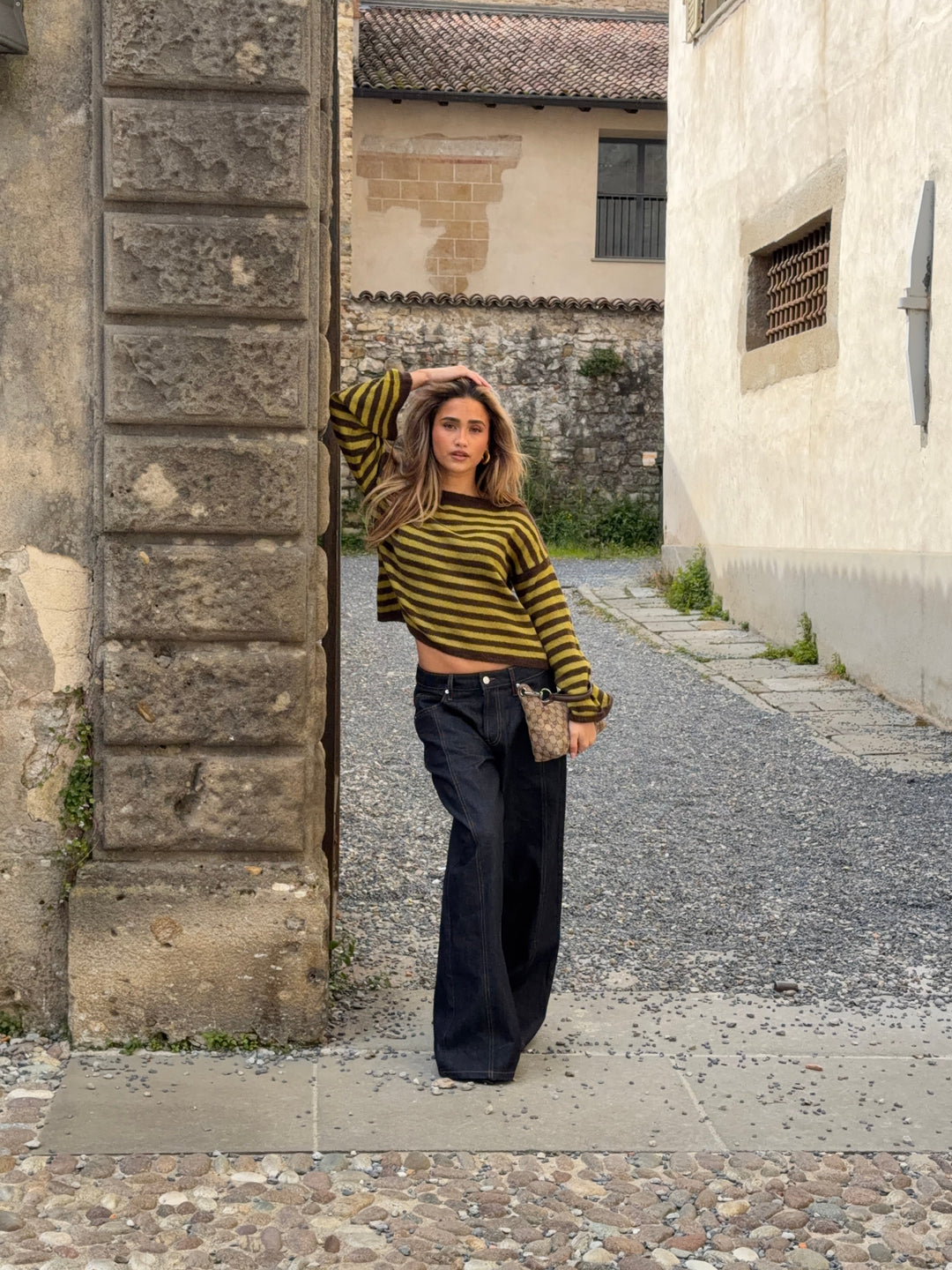 Oline stribet boat neck striktrøje - Brun/Grøn