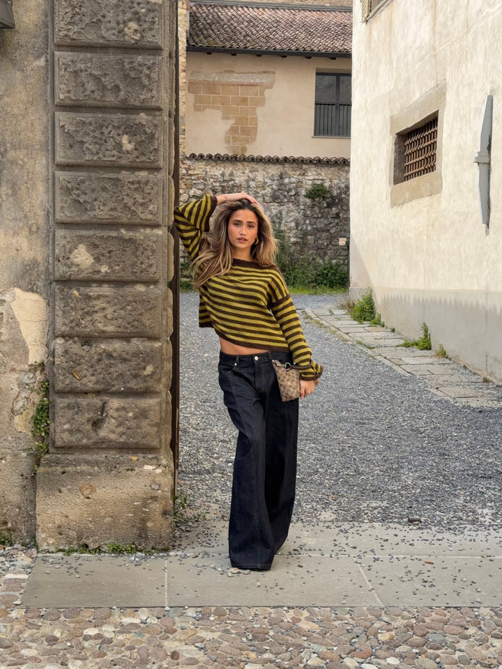 Oline stribet boat neck striktrøje - Brun/Grøn