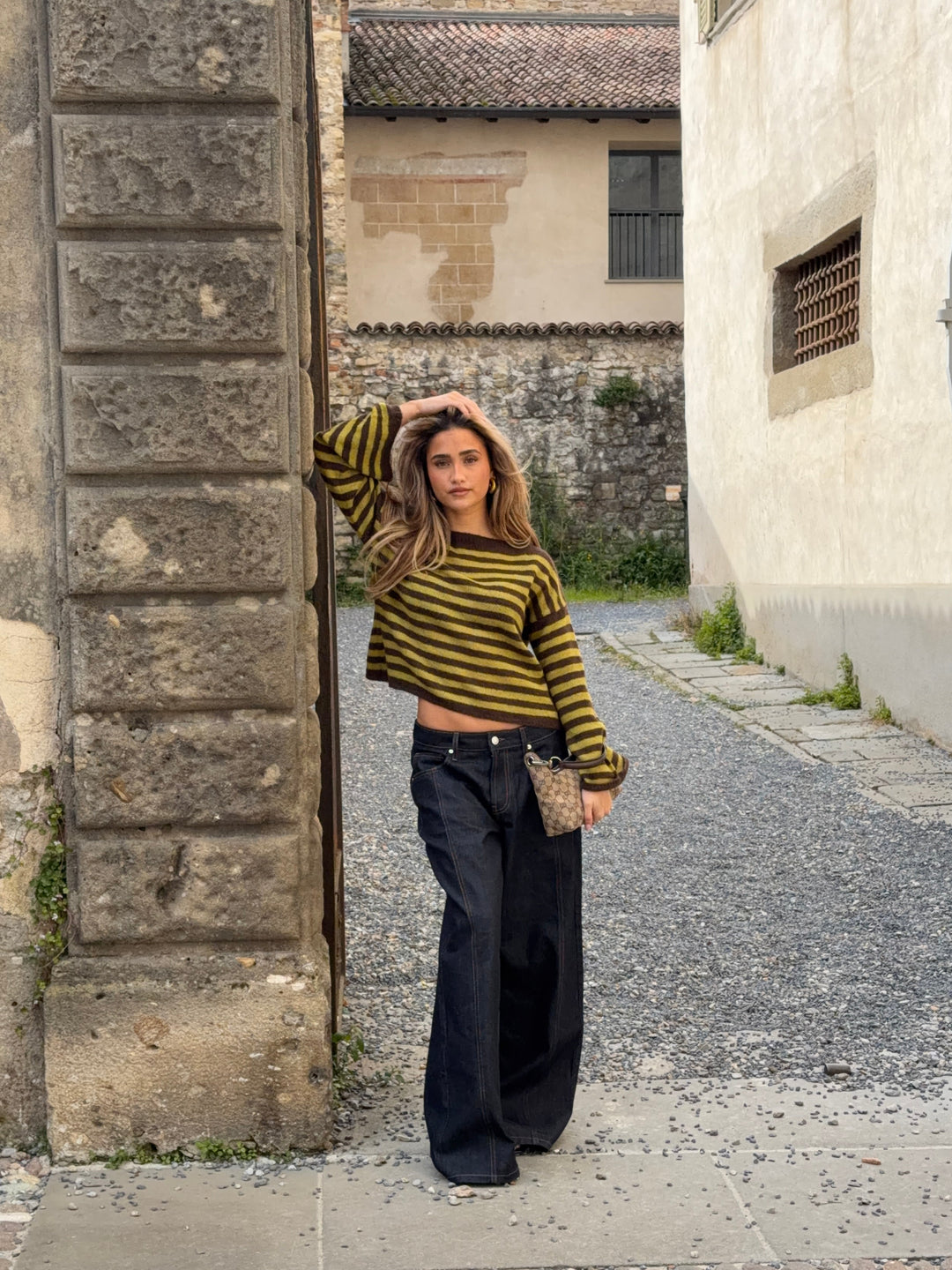 Oline stribet boat neck striktrøje - Brun/Grøn