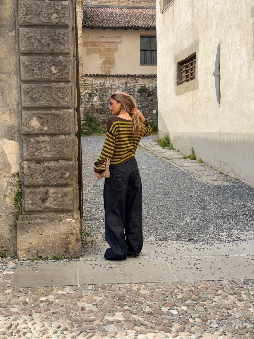 Oline stribet boat neck striktrøje - Brun/Grøn