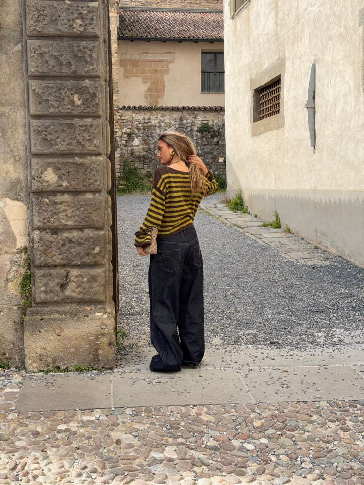 Oline stribet boat neck striktrøje - Brun/Grøn