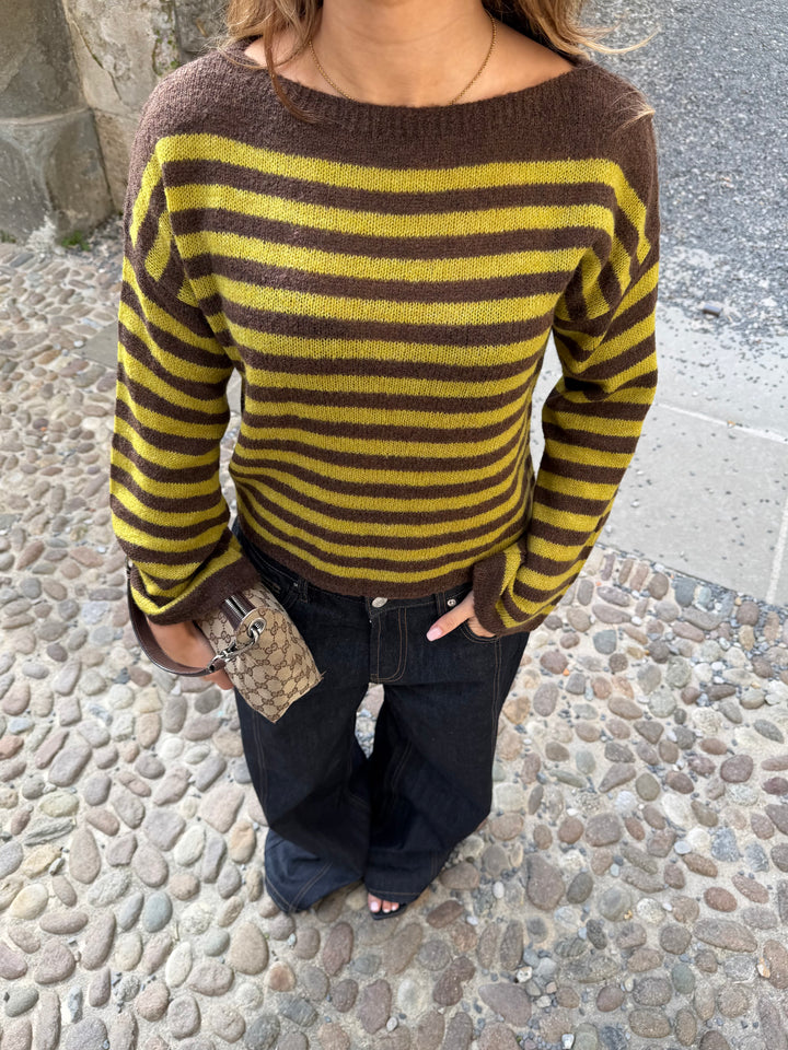 Oline stribet boat neck striktrøje - Brun/Grøn