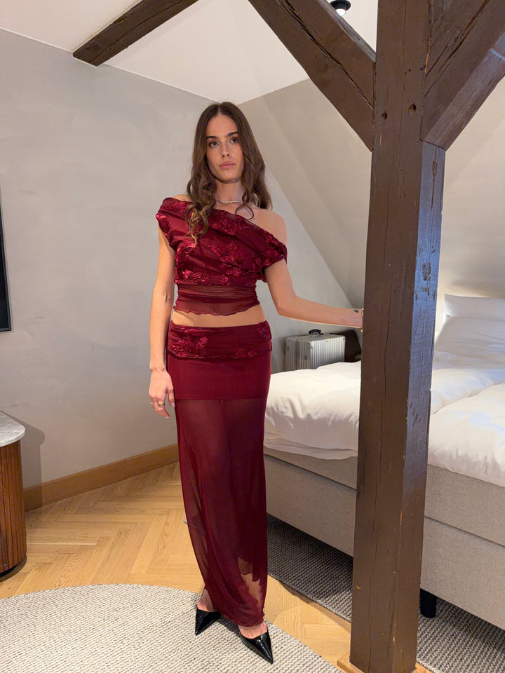 Kivo mesh off shoulder top - Mørkerød