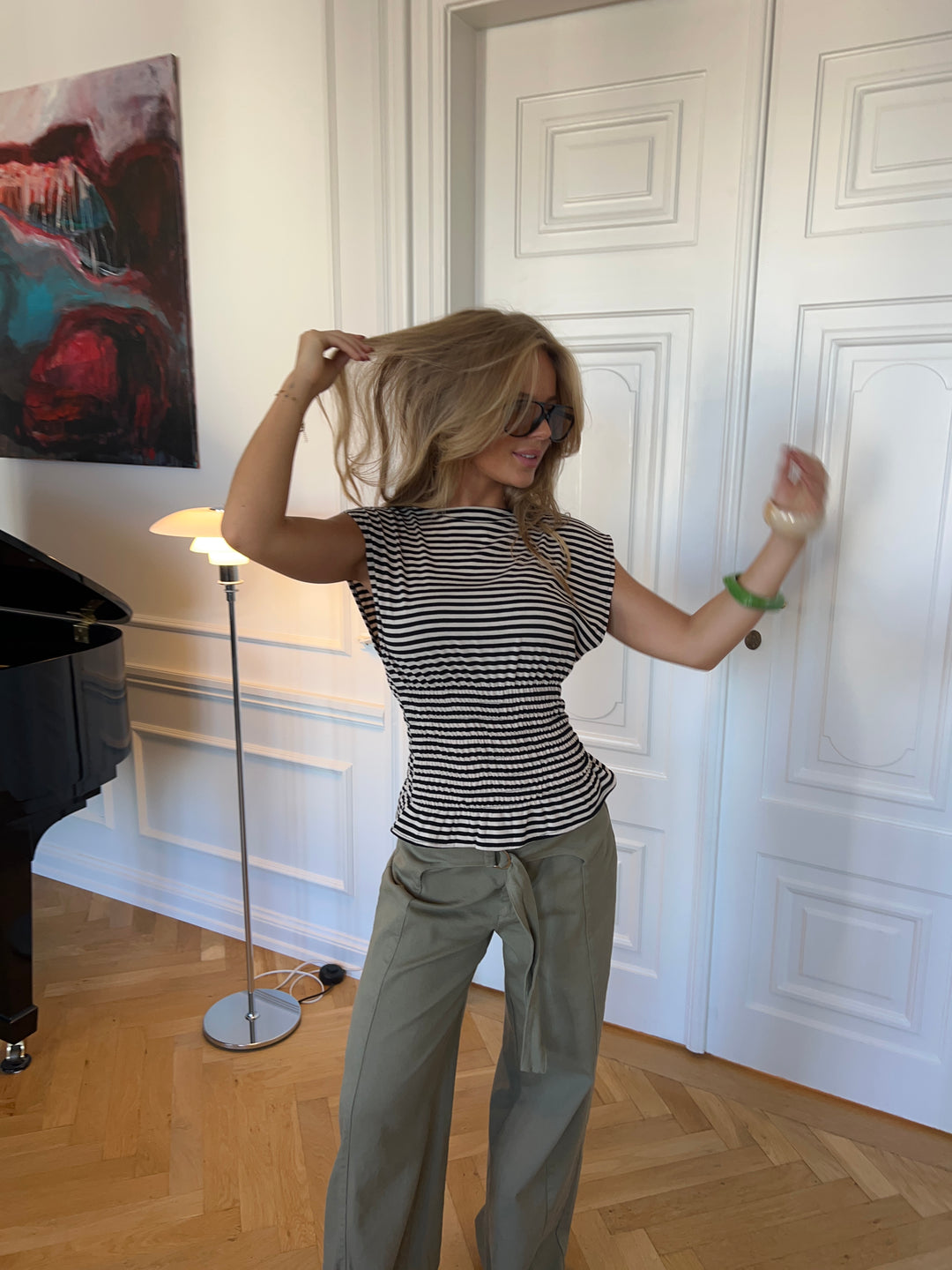 Bianca stribet smock top - Brun/hvid