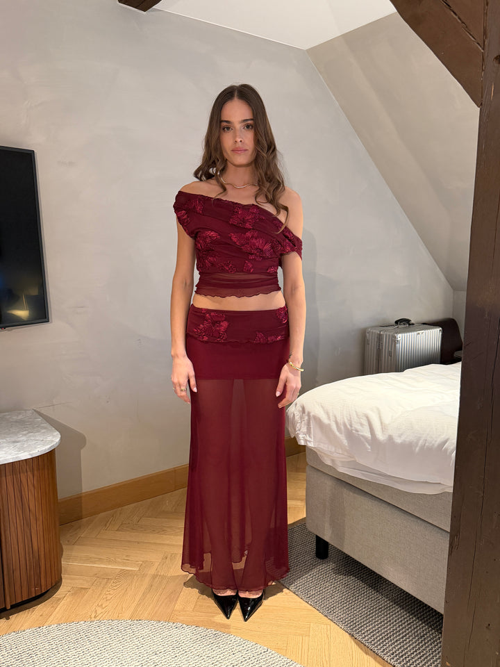 Kivo mesh off shoulder top - Mørkerød