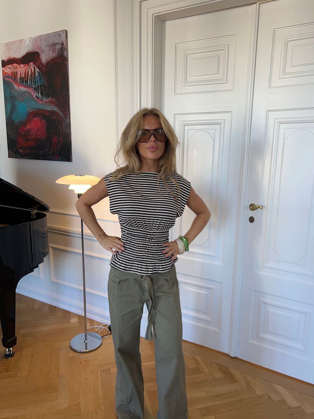 Bianca stribet smock top - Brun/hvid