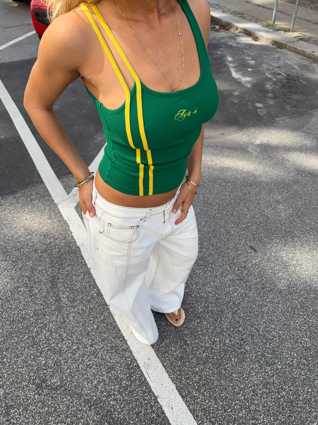 Leora rib top - Grøn/gul