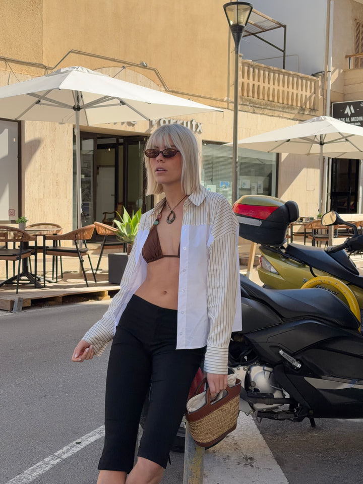 Minna to print bindebånds shirt - Beige/hvid