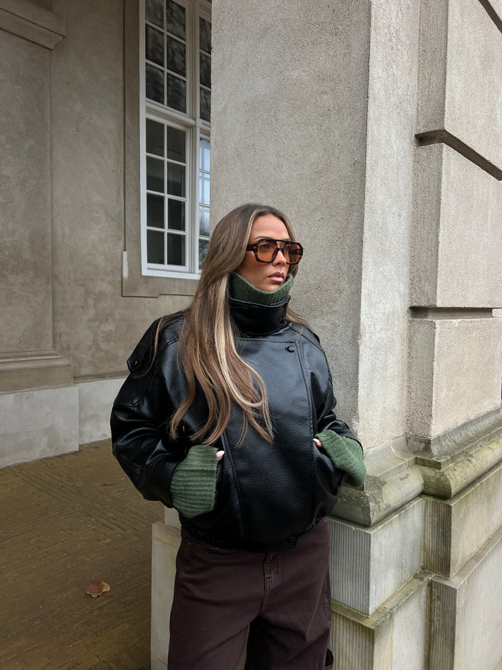 Linea pu high neck jakke - Sort