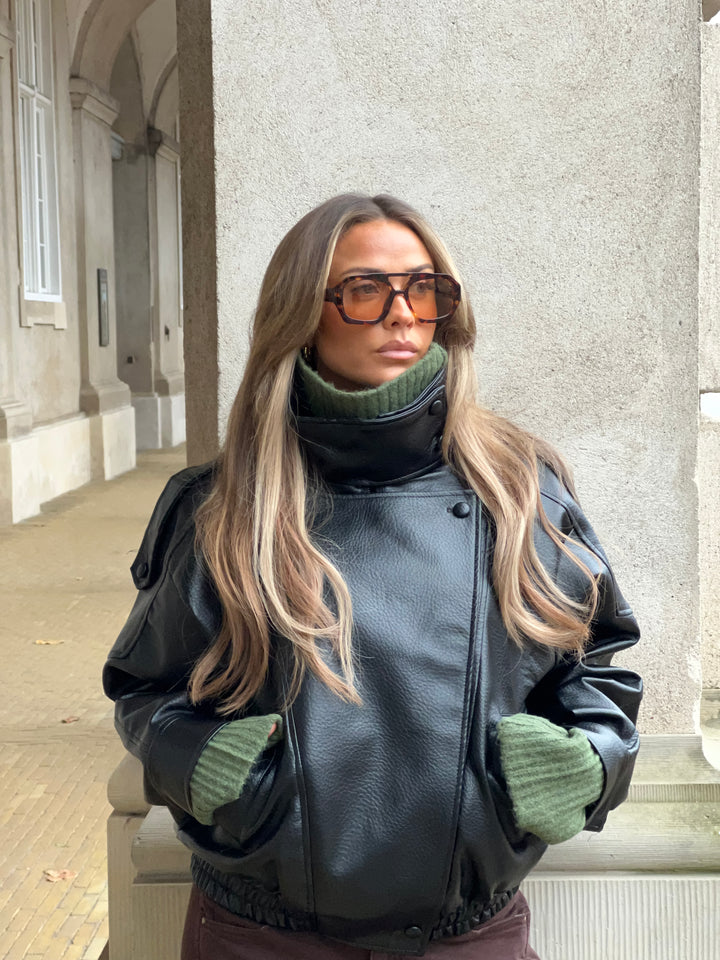 Linea pu high neck jakke - Sort