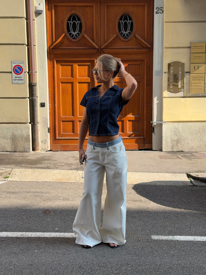 Bjørk stribet lavtaljet løse jeans - Hvid/Blå